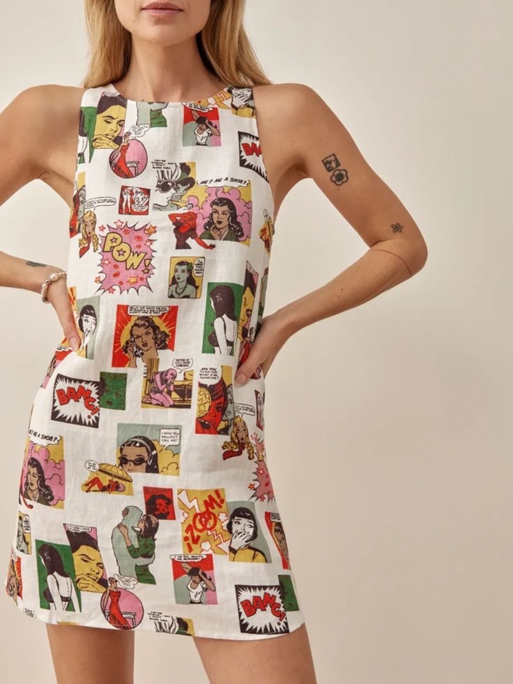 Reformation Jessi linen White Pop-Art Comic Print Sleeveless Mini Dress size 2